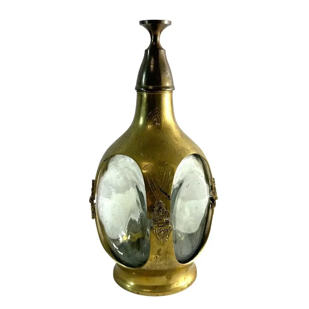 Vintage Indian Solid Brass & Glass Liquor Decanter Flask with Cup Stopper 10”